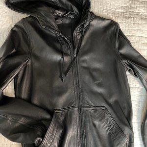 Mens XS Marc Jacobs Black Leather Hoodie Jacket